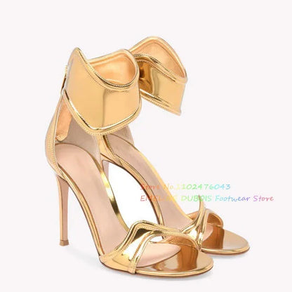 Mirror Gold High Heel Sandals Women Sexy Oepn Toe Cut Out Back Zippers Luxury Elegant Roman Shoes Summer New Ladies Shoes