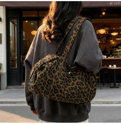 Trendy Leopard Print Canvas Shoulder Bag Large Capacity Fashion Tote Handle Bag for Daily Commute Versatile Texture Storage Bags