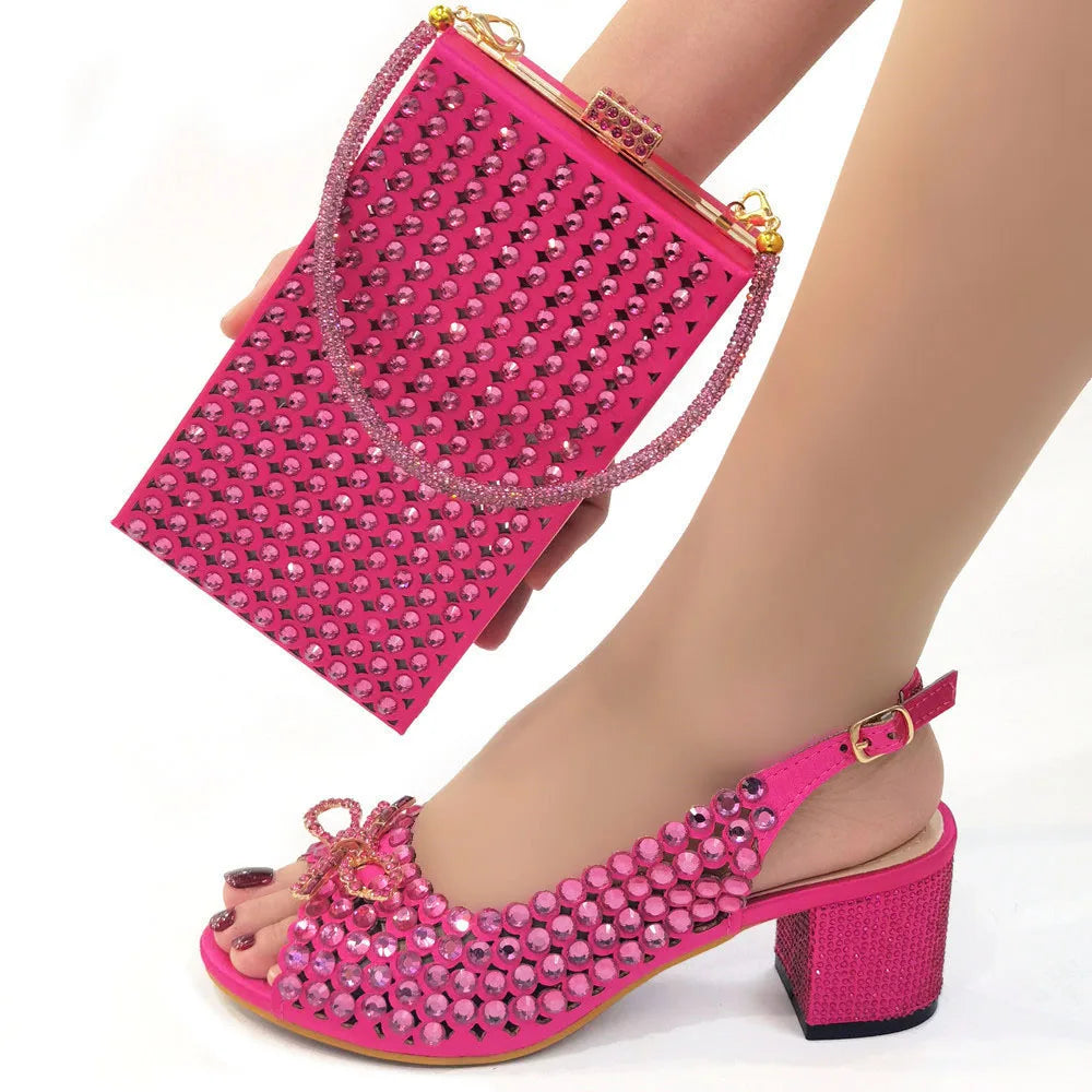 2024 New Italian Design Full Drill Elegant Wine Evening High Heels Wedding Party Shoes Matching Clutch Handbag