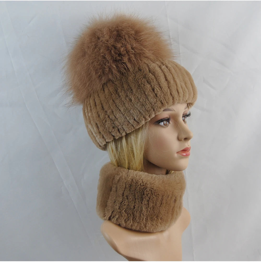 New Winter Lady Brand Hand Make Real Genuine Fox Fur Hat Scarf Girls Natural Real Rex Rabbit Fur Ring Cap Real Fur Scarves Hats