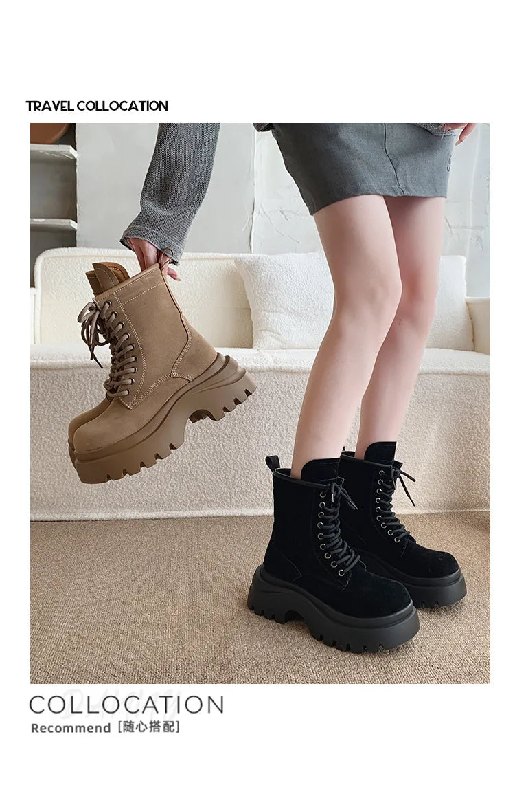 Comemore Platform Lace Up Ankle Boots Retro British Style Chunky Heeled Suede Leather Shoes for Women Solid Short Work Botas