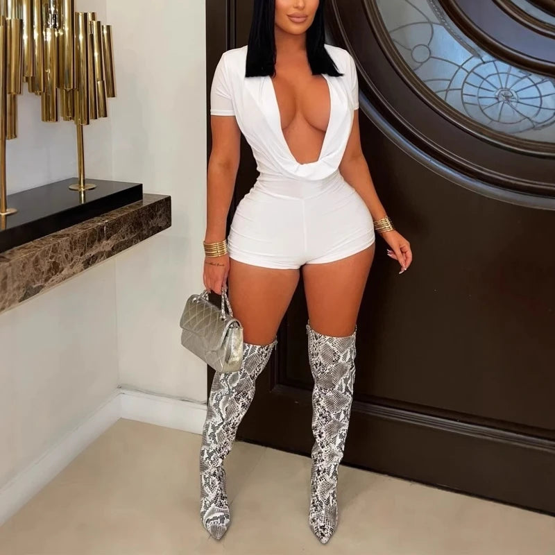 Sexy Solid Deep V-neck Short-sleeve White Playsuits Rompers Women Summer Bodycon Short Jumpsuit for Women