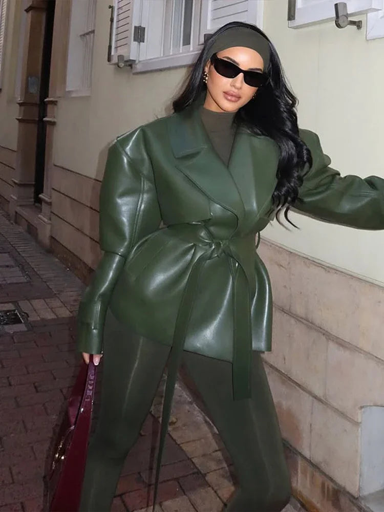 Women PU Leather Jackets Coats Solid Lapel Collar Lace Up Full Sleeve Loose Outwear Female Elegant Chic Daily Streetwear Coats
