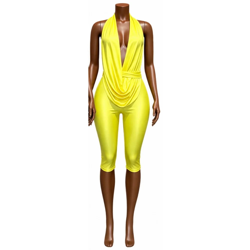 FAGADOER Sexy Deep V Draped Halter Rompers Fashion Patchwork Back Lace‑Up Hollow Out Bodycon Jumpsuits Night Club Playsuits New