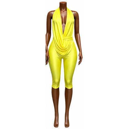 FAGADOER Sexy Deep V Draped Halter Rompers Fashion Patchwork Back Lace‑Up Hollow Out Bodycon Jumpsuits Night Club Playsuits New
