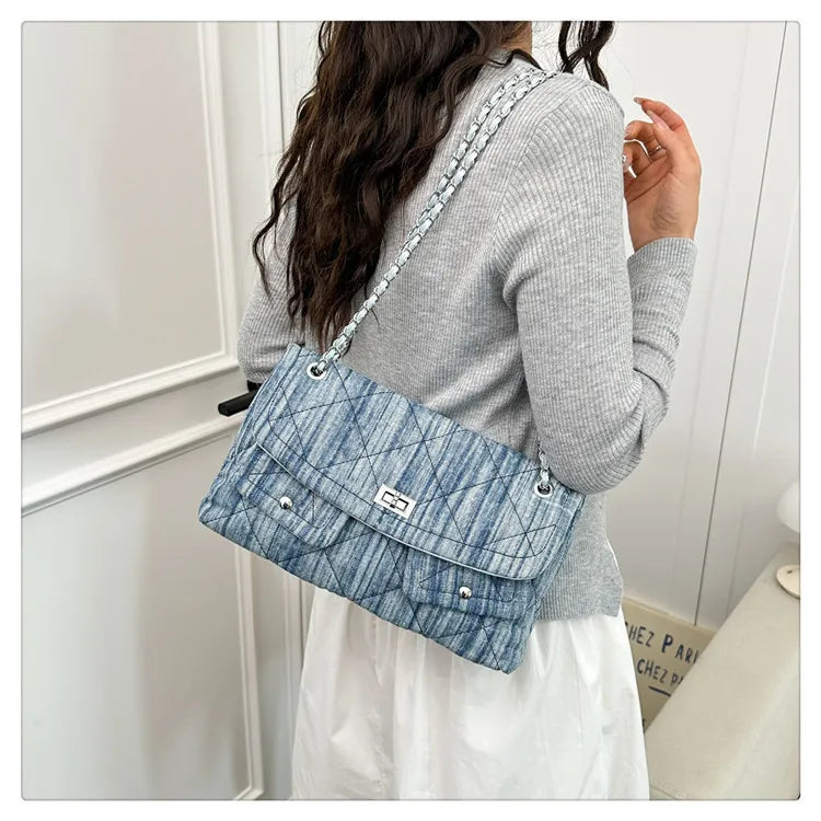 Korean Brand Shoulder Bag 2026 New Denim Side Bags for Women Ladies Crossbody Solid Fashion Chain Designer Daily Commuter City