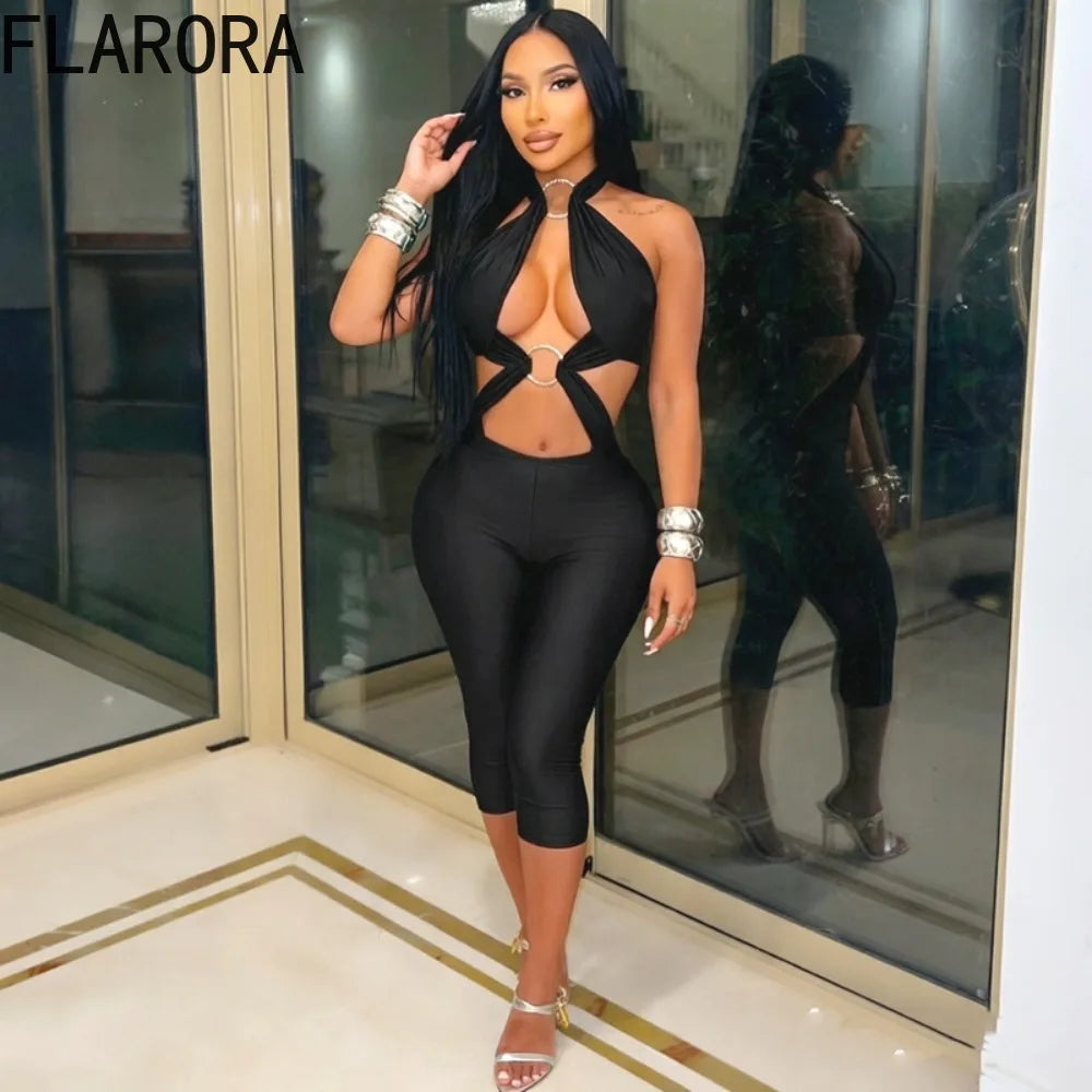 FLARORA Sexy Hollow Out Jumpuits Woman Metal Ring Decoration Halter Sleeveless Backless Skinny Rompers Midnight Party Clubwear