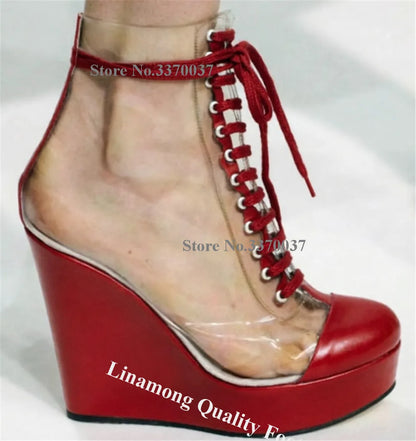 Linamong Transparent PVC Patchwork Black Matte Leather Wedge Short Boots Sexy Round Toe Lace-up High Platform Wedge Ankle Boots
