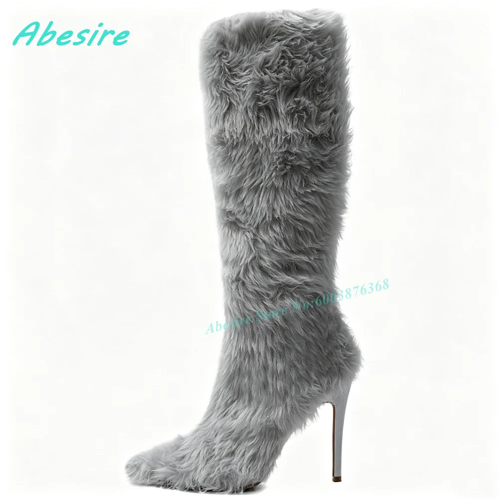White Faux Fluffy Fur Knee High Boots Pointed Toe Stiletto Heels Side Zipper Women's Boots Spicy Girls Fashion Show Winter Shoes
