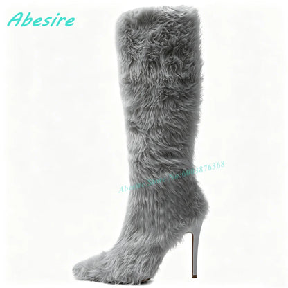 White Faux Fluffy Fur Knee High Boots Pointed Toe Stiletto Heels Side Zipper Women's Boots Spicy Girls Fashion Show Winter Shoes