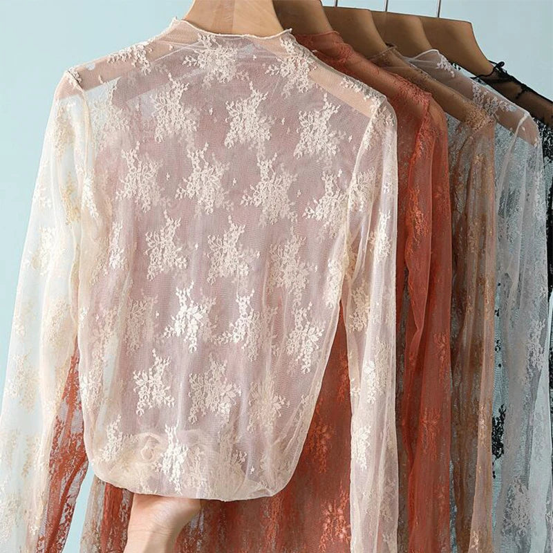 Sexy Women Mesh T-Shirts Transparent Lace Blouse Long Sleeve See Through Tops For Women Bottoming Shirt Sheer Tees Body Crop Top