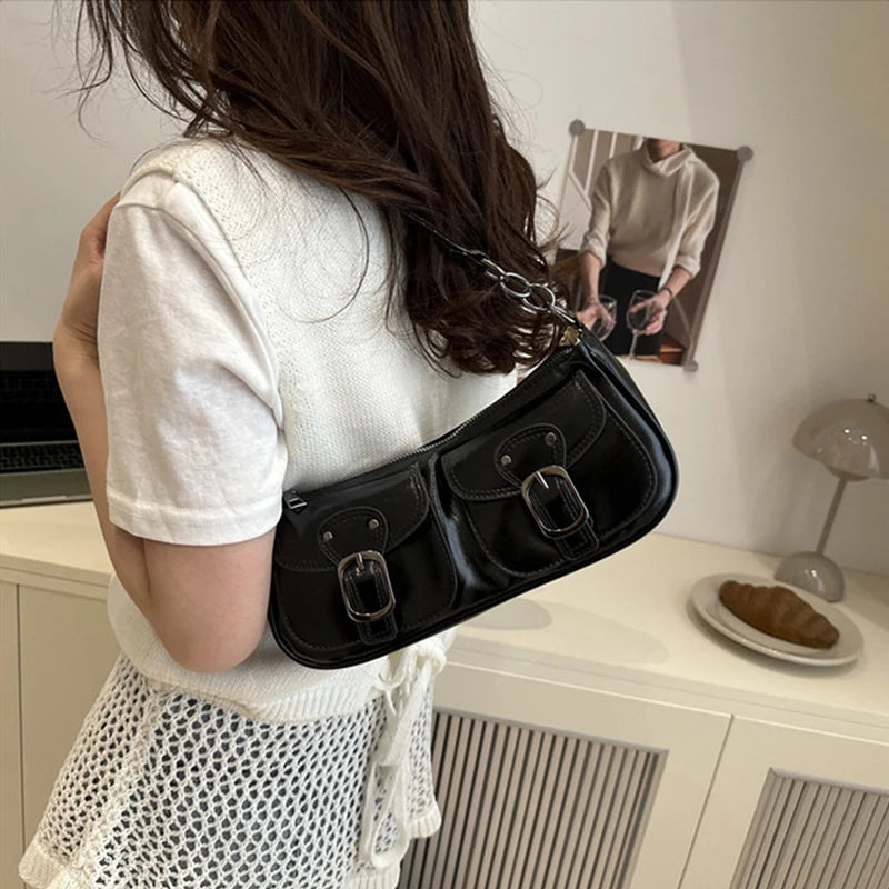 Fashion Pu Leather Women's Shoulder Bag Small Double Pocket Design Ladies Underarm Bags Y2k Vintage Female Handbags Clutch Purse
