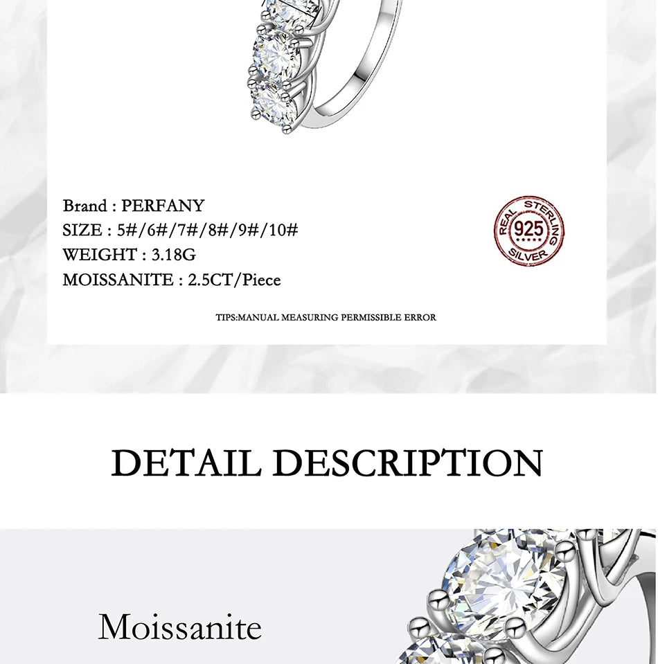 PERFANY 2.5/5CT Moissanite Ring For Women S925 Pure Silver Five Gemstone Ring Luxury Wedding High-end Jewelry