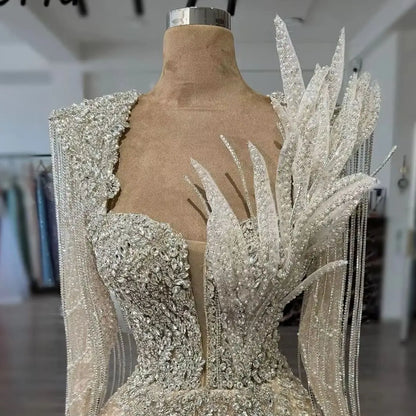 Nude Mermaid Evening Dress Women Sweetheart Neck Long Tassel Sleeve Rhinestone Gown 3D Feather Formal Prom Dress African Wedding
