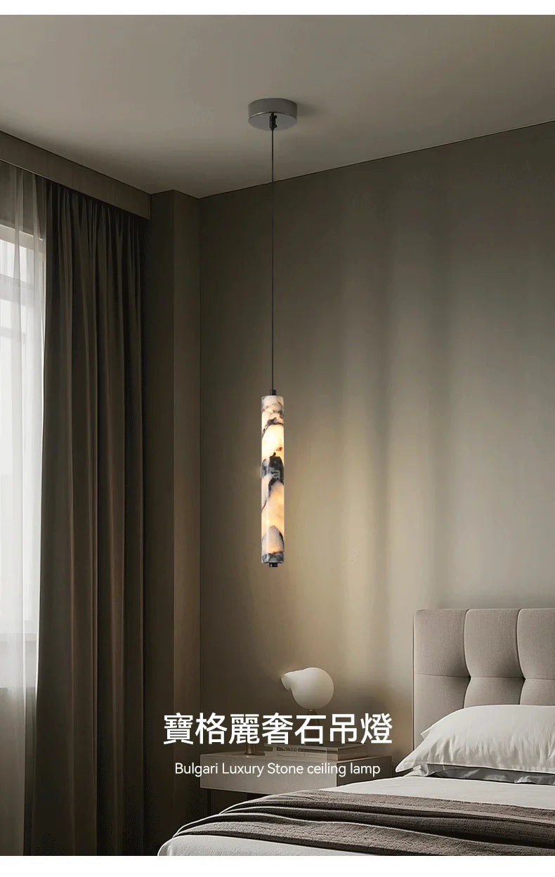 Luxury Black Cylinder Natural Stone Pendant Lamp High-end Bedside LED Chandelier Living Room Decoration Home Hanging Lights