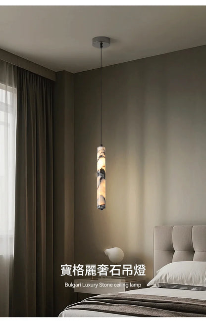 Luxury Black Cylinder Natural Stone Pendant Lamp High-end Bedside LED Chandelier Living Room Decoration Home Hanging Lights