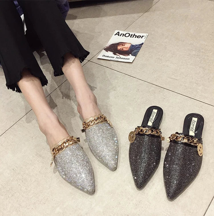2025 New Summer Shoes for Women Luxury Slipper Girl Bling Crystal Chain Casual Flat Sandals Girl Pointed Toe Slides