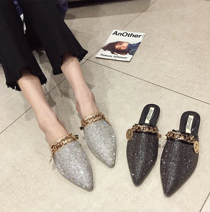2025 New Summer Shoes for Women Luxury Slipper Girl Bling Crystal Chain Casual Flat Sandals Girl Pointed Toe Slides