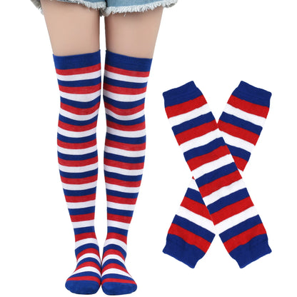 Long Over Above Knee Socks Womens mittens Arm Sleeve Gloves Set Striped Thigh High Stockings Ladies Girl Pink Black White Lolita