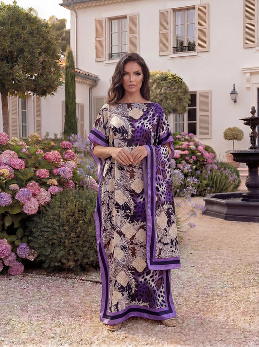 Boho Horse Leopard Geometric Print Satin Abaya Scarf Set, Loose Batwing Maxi Kaftan For Muslim Women Summer Beach Daily Wear