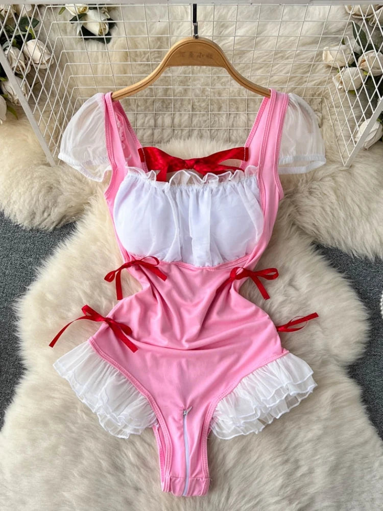 Coquette Lace Lingerie Set Sexy Mesh Bodysuit Valentines Day Sleepwear Gothic Strappy Catsuit Intimate Nightwear Romper