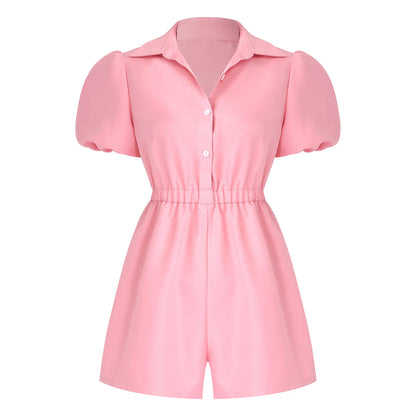 Fashion Women Short Puff Sleeve Romper Lapel Front Button Elastic Waist Shorts Jumpsuit for Office Vacation Casual Clothing