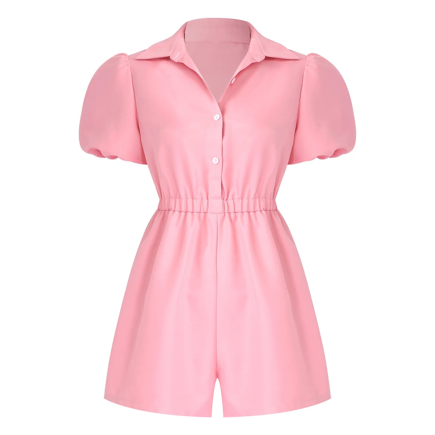 Fashion Women Short Puff Sleeve Romper Lapel Front Button Elastic Waist Shorts Jumpsuit for Office Vacation Casual Clothing