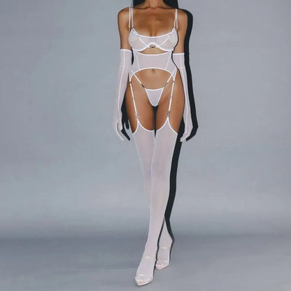 Solid Women's Lingerie Sets Seductive See Through Bra Belt Thong 3PC with glovs stockings Sissy Sexy Women's Underwear