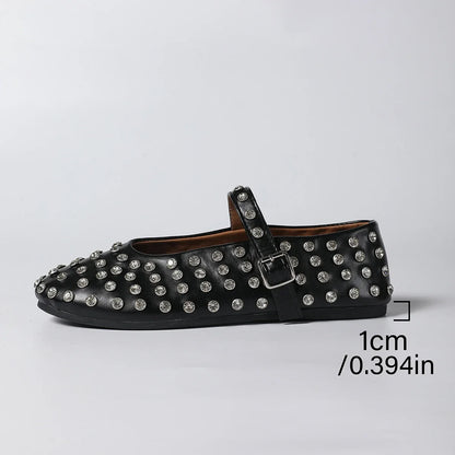 Women's Flat Dress Shoes Bottom Mary Jane Water Diamond Casual Dancing Shoes Genuine Leather Single Shoes Luxury Ballet Flats