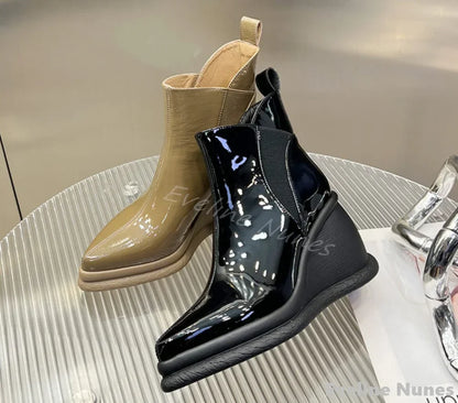 Fashion Height Increasing Wedges Ankle Boots Women Pointed Toe Platform Slip On Solid Leather Boots 2025 Simple Comfortable Boot