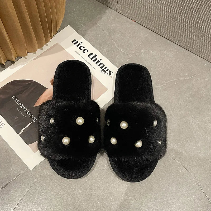Perle Fluffy Slippers Home Winter Casual Designer Shoes Women 2025 New Luxury Indoor Plush Slides Girls Fashion Elegant Footwear