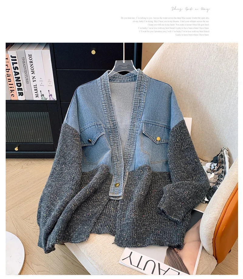 Fat mm200 Pounds Vintage Denim Patchwork Sweater Coat ins Fashion Woman 2024 Autumn and Winter Thickened Loose Niche Cardigan