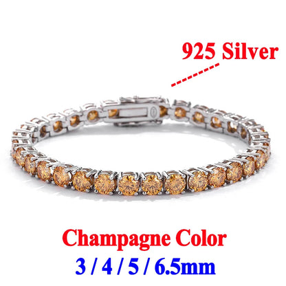 Gold Yellow Green Blue Pink Certified Moissanite 3 4 5 6.5MM Tennis Chain For Women Man 925 Sterling Silver Moissanite Bracelet