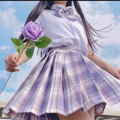 Romantic Purple Uniform JK Set Women 2025 Summer High Waist Skirts Korean Style Pleated Skirts Shirt And Tie For Cute Girls Suit