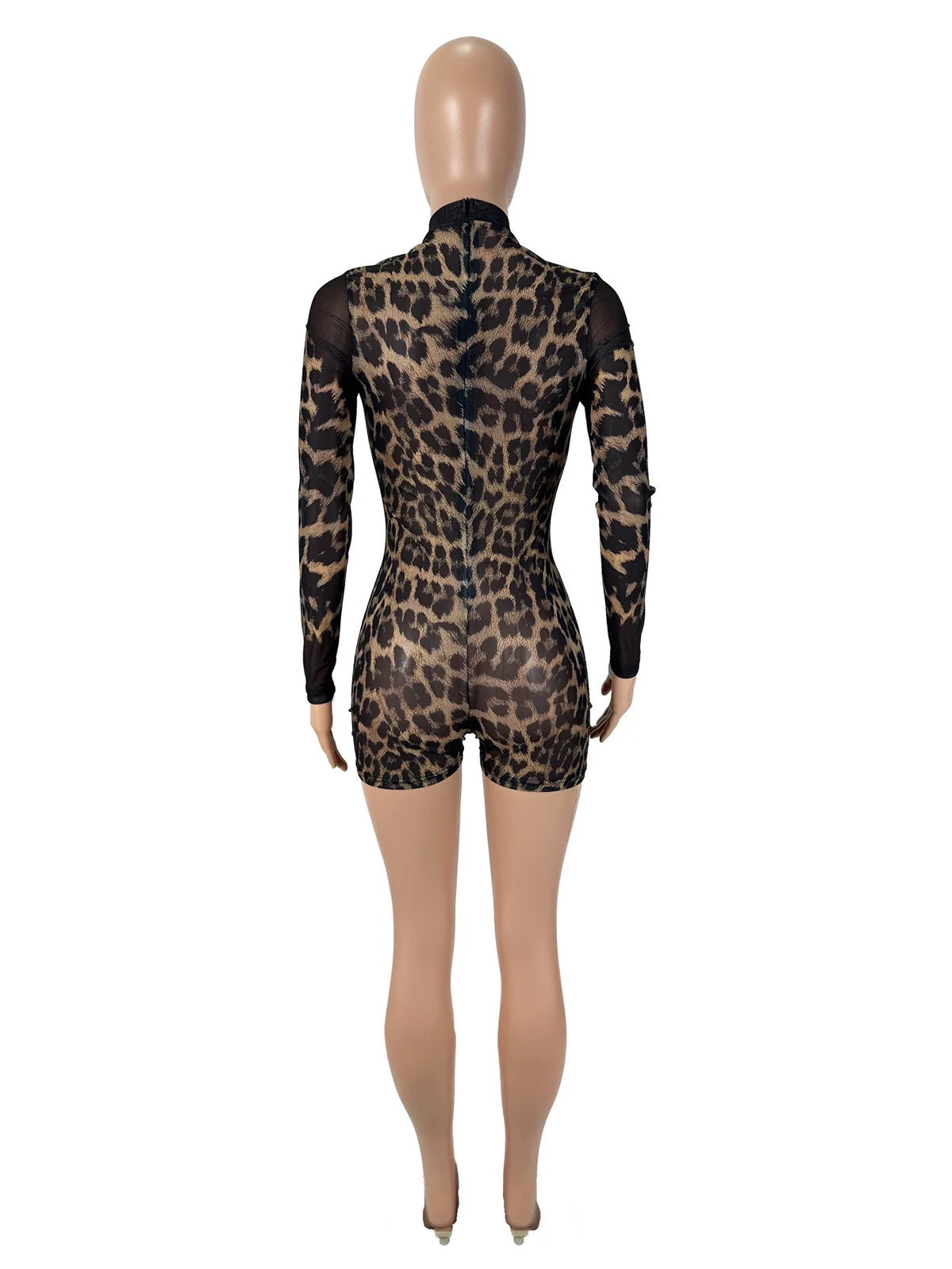 D9551 European and American Women's sexy Leopard Print Mesh Print See through Long-Sleeved Round Neck Jumpsuit Shorts
