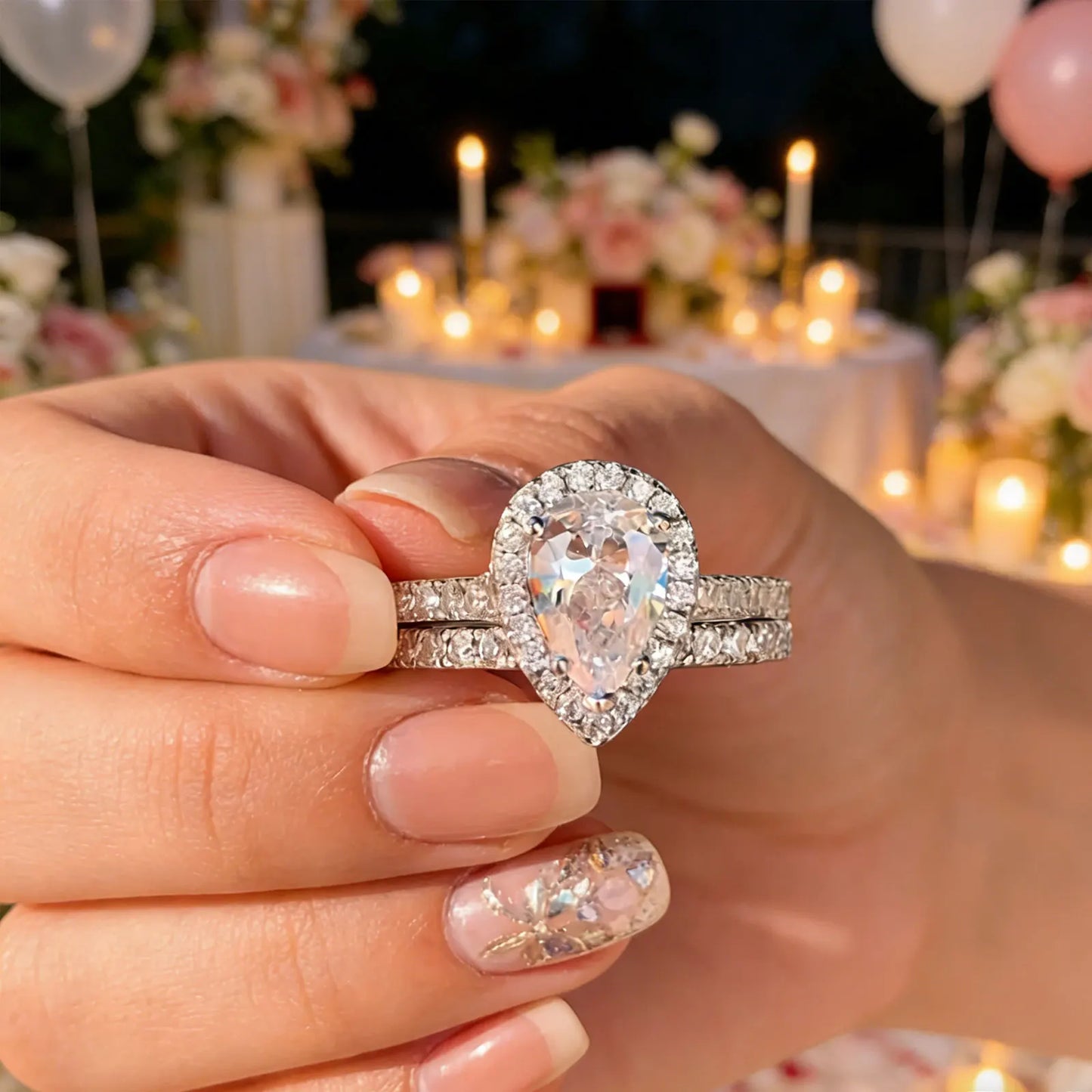 Newshe 2 Pieces Certified Full Moissanite Pear Wedding Ring Sets for Women Solid 925 Sterling Silver Bridal Luxury Jewelry
