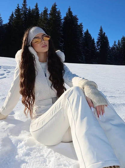 Women's Chic White Hooded Ski Jumpsuit with Waist Belt Warm Snowproof One-Piece Snow Wear Winter Sports Fashion Lady Snowsuit