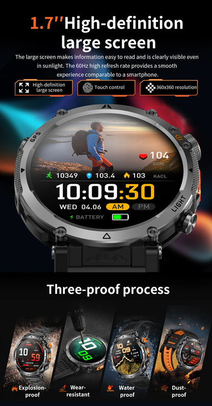 COANR2026 New Military Smart Watch 850mAh Battery GPS trace Compass 3ATM Waterproof Tactics Sport Flashlight call SmartWatch Men