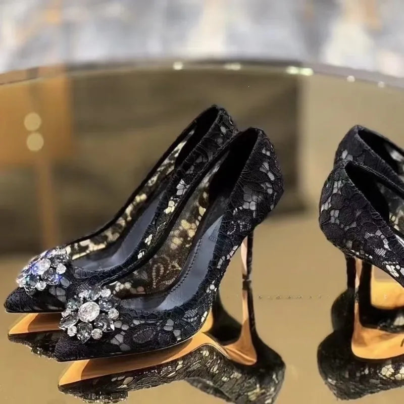 Mesh lace high-heeled shallow mouth shoes 2026 new pointed crystal buckle slim heel fashionable banquet women's single shoes