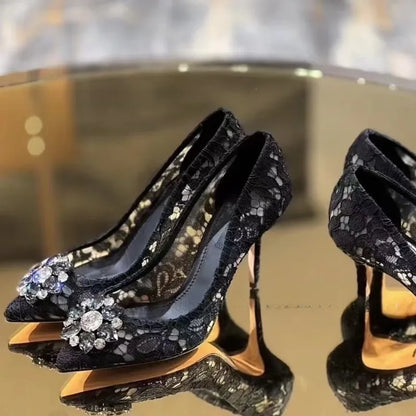 Mesh lace high-heeled shallow mouth shoes 2026 new pointed crystal buckle slim heel fashionable banquet women's single shoes