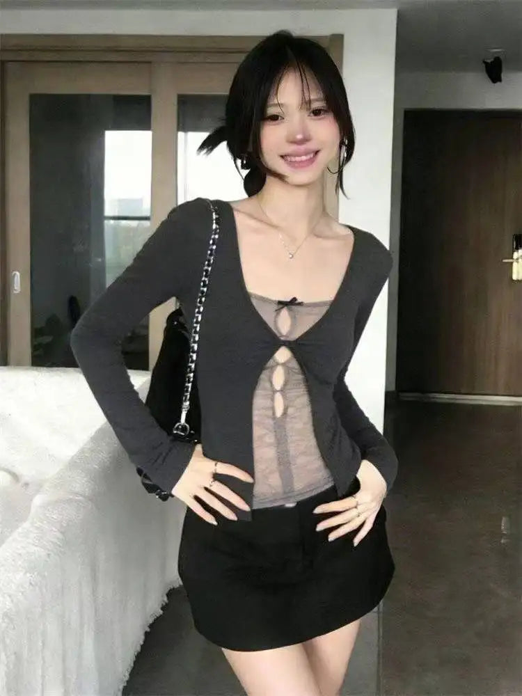 Korean Fashion Elegant Patchwork Lace Tops Slim Casual Long Sleeve Blouse 2000s American Vintage Sweet Pullover Chic