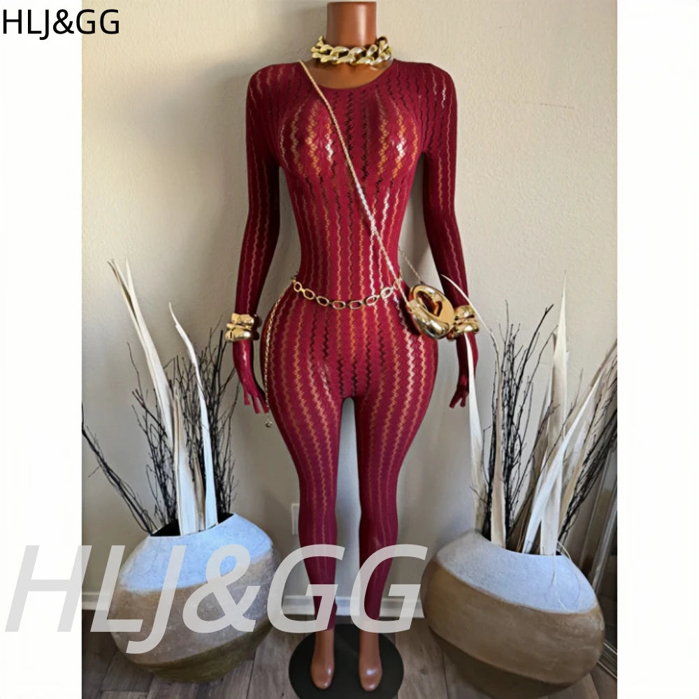 HLJ&GG Sexy Mesh Stretchy See Though Bodycon Jumpsuits Women Round Neck Long Sleeve Slim Playsuits Fashion Print Overalls 2025