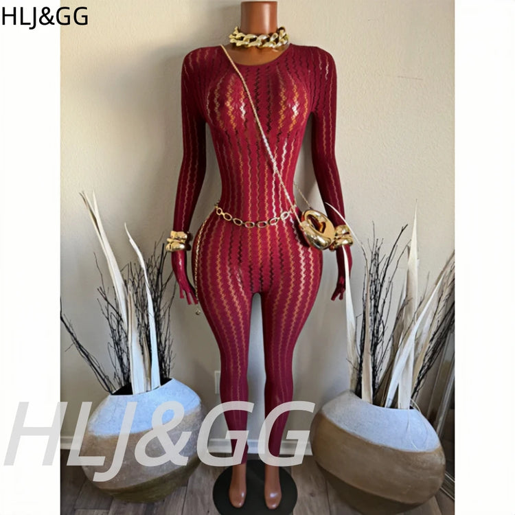HLJ&GG Sexy Mesh Stretchy See Though Bodycon Jumpsuits Women Round Neck Long Sleeve Slim Playsuits Fashion Print Overalls 2025