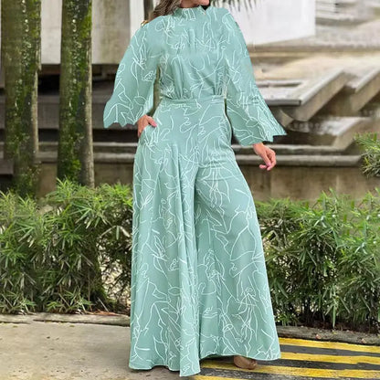 Casual Elegant Jumpsuits Women Autumn New Loose Long Pants Long Sleeve Printed High Waist Wide Leg Jumpsuit Commuting Playsuits