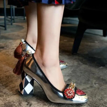 royal red heart crystal rivets Studs Pumps back pearl with tassel rhombus Square Heel Women Slip On mary jane Shoes
