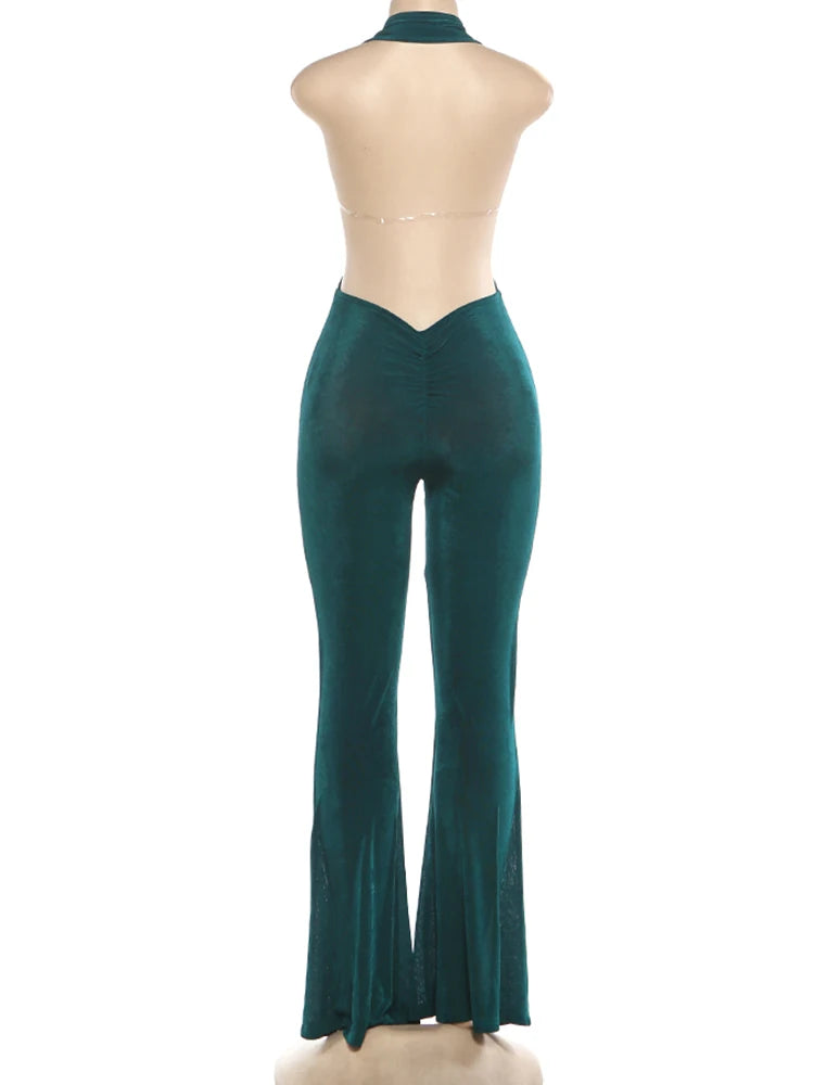 Weird Puss Peach Buttocks Flare Jumpsuit Woman Sexy Halter Backless Velvet Sleeveless Midnight Clubwear Party Activity Overalls