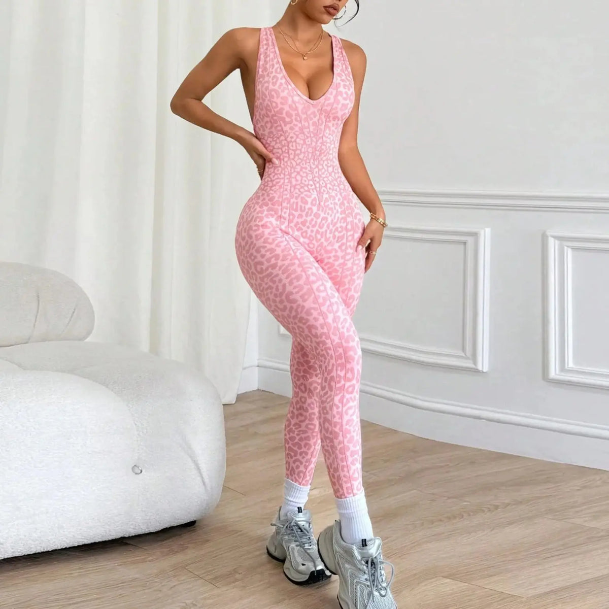 Women Sports Leopard Jumpsuits Tracksuits Yoga Pants Bodysuits Workout Fitness Gym Training Backless Tights Suits Sportswear