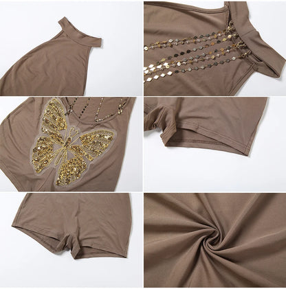 Kliou Butterfly Decoration Mini Dress Woman Sexy Metal Chain Backless Skinny Peach Hip Hot Girls High Street Fashion Rompers