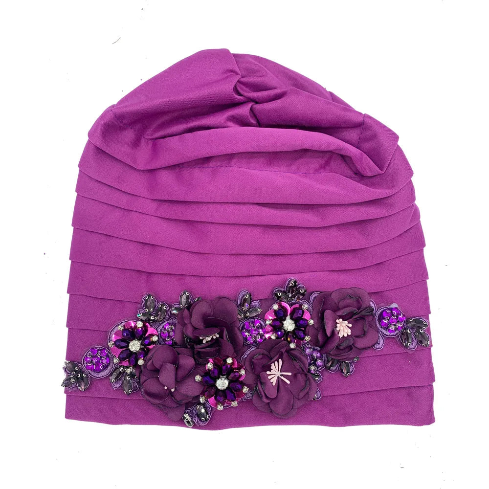 Elegant Flower Diamonds Women's Turban Cap African Party Headwear Hat Lady Head Wraps Muslim Headscarf Hats Turbante Mujer