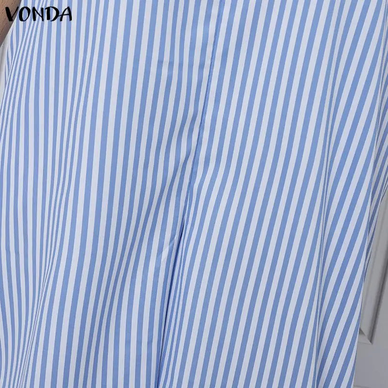 Plus Size VONDA Women Jumpsuits Summer Fashion Short Sleeve Stripe Jumpsuits Wide Leg Pants V Neck OL Party Overalls Playsuits
